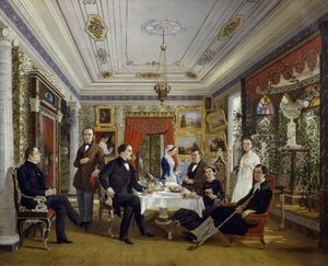 De familie Tarnovskj drinkt thee aan tafel door Alexei Yakovlevich Voloskov