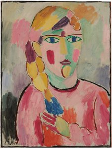 Meisje met blauwe ogen en een paardenstaart, ca. 1916 door Alexej von Jawlensky