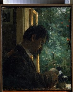 De graveur Vasiliy Mate aan het werk