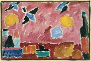 Met rode zwaluwbehang (Stilleven met fles, brood en rode zwaluwbehang). 1915 door Alexej von Jawlensky