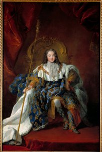 Portret van Lodewijk XV (1710-1774) als kind op zijn troon in de kroningskleding. Schilderij door Alexis Simon Belle (1674-1734) 1723