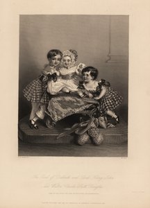 Earl of Dalkeith (William Henry), Henry John en Walter Charles Scott Douglas, zoon van de 5e hertog van Buccleuch, 7e hertog van Queensberry. Twee zonen dragen tartanjurken met linten, met de jongste in een bonnet en satijnen jurk. Staalgravure door H. Coo door Alfred Edward (after) Chalon