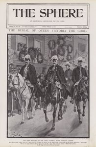 De belangrijkste rouwenden bij de begrafenisstoet van koningin Victoria door Londen (litho)
