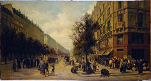 Rij bij de deur van een kruidenierswinkel (hoek van rue Réaumur en boulevard Sébastopol) in november 1870, in 1871