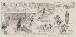 Wedstrijd tussen Fietsen en Paarden in de Landbouwhal, Islington