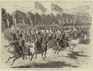 De Review in Windsor Park voor Hare Majesteit en de Shah, de artillerie passeert in galop (gravure) door Alfred Chantrey Corbould