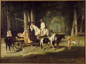 De heer en mevrouw A. Mosselman en hun twee dochters te paard door het bos (1848) door Alfred Dedreux