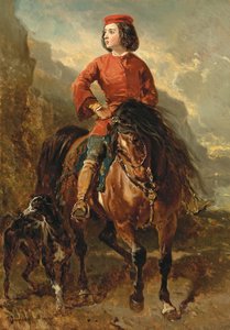 Jonge ruiter op een Shetland met een windhond door Alfred Dedreux