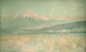 Dageraad op de Heilige Berg, de Fuji zon half verborgen in de wolken door Alfred East