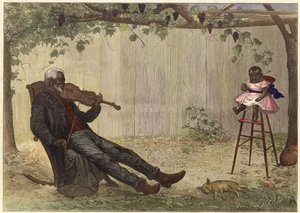 Oude zwarte man speelt viool voor baby (ingekleurde gravure) door Alfred Edward (after) Emslie