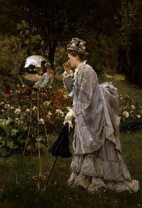 In het park ca. 1875. Een vrouw met een busteljurk (of faux-cul of faux cul) kijkt naar haar spiegelbeeld in een spiegelbeeld. Schilderij van Alfred Emile Leopold Stevens (1823-1906 Belg) Privécollectie