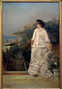 Portret van een vrouw op een terras aan zee door Alfred Emile Stevens