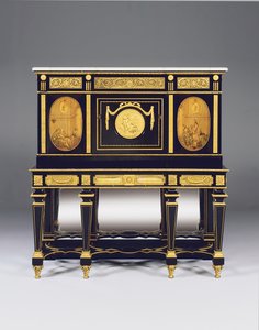 Kast-op-stand, met inlegpanelen en constructieve elementen van een commode door David Roentgen, de friesmonturen toegeschreven aan Francois Redmond door Alfred Emmanuel Louis Beurdeley