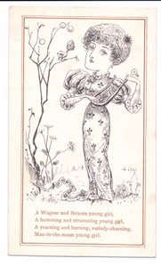 Victoriaanse wenskaart van een esthetische die luit speelt, ca. 1881 door Alfred Gray