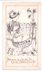 Victoriaanse nieuwjaarskaart van een estheet die een vaas met pauwenveren bewondert, c.1881 (monochroom)
