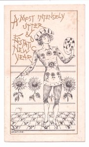 Victoriaanse nieuwjaarskaart van een esthetische kunstenaar die schildert, ca. 1881 door Alfred Gray