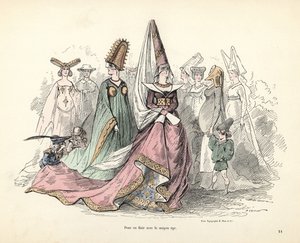 Karikaturen van kostuums van vrouwen en kinderen in de middeleeuwen door Alfred Grevin