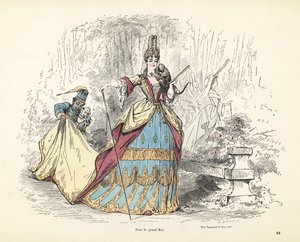 Kostuum van een adellijke vrouw onder koning Lodewijk XIV van Frankrijk. door Alfred Grevin
