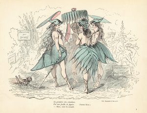 Vrouwen gekleed in vijgenbladjurken en hoeden, met bladeren in hun handen door Alfred Grevin
