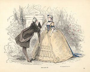 Vrouwenkostuum in het tijdperk van koning Lodewijk XV van Frankrijk