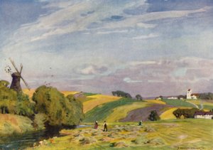 Denemarken: Een typisch Deens landschap, Zuid-Jutland (kleur litho) door Alfred Heaton Cooper