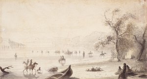 Stieren Varen over de Platte, ca. 1837 door Alfred Jacob Miller