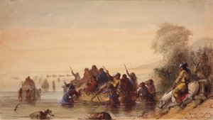 Bull Boating op de Platte River, c.1837 door Alfred Jacob Miller