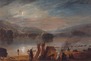 De rivier oversteken bij maanlicht, kamp maken, ca. 1858-60 door Alfred Jacob Miller