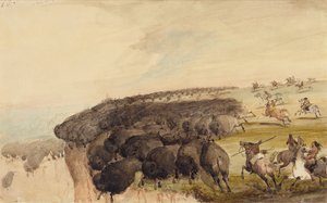 Kuddes Buffels over een Afgrond Drijven, ca. 1837 door Alfred Jacob Miller
