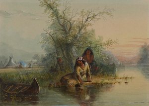 Indiaans kamp aan de rivier de Eau Sucre door Alfred Jacob Miller