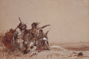 Kansas Indiaan vertelt een jager door middel van tekens over de migratie van buffels, c.1837
