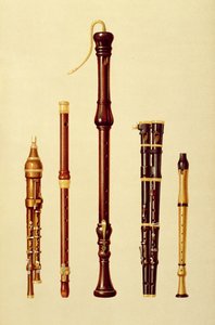 Een dubbele flageolet, een Duitse fluit, een basblokfluit, een dubbele flageolet en een blokfluit, uit 