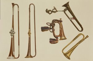 Cavalerietrompet, een bugel, een vergulde trompet gemaakt door John Harris c.1730, een trompet en een zilveromrande trompet door William Ball c.1680, uit 