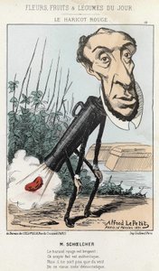 Le Bean rouge: karikatuur door Victor Schoelcher vertegenwoordigt in de trein van Peter een boon (scheet) - ill. van 16/02/1871 door Alfred Le Petit, in “Bloemen, Fruit en Groenten van de Dag”
