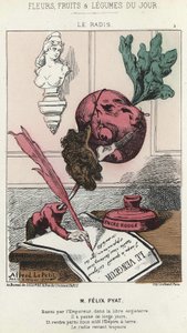 Le Radis: Karikatuur over Félix Pyat (1810 - 1889) - ill. van 02/02/187 in “Bloemen, Fruit en Groenten van de Dag” door Alfred Le Petit