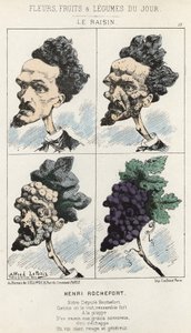 Le Raisin: Karikatuur over Henri Rochefort - ill. van 09/02/1871 in “Bloemen, Fruit en Groenten van de Dag” door Alfred Le Petit