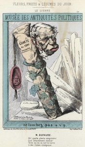De Klimop: Cartoon op Jules Armand (Jules-Armand) Dufaure (1798-1881) in klimop rond een rol papier met 