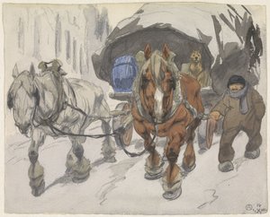 Boerenwagen met twee paarden ervoor door Alfred Ost