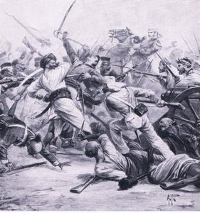Nicholsons nederlaag van de rebellen bij Najafgarh, 2 augustus 1857, illustratie uit British Battles on Land and Sea, 1915