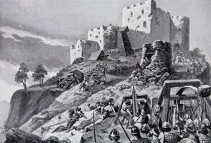 De Welshe aanval op Montgomery Castle in 1095 onder leiding van Cadwgan ap Bleddyn, Prins van Powys, illustratie uit 