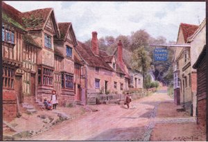 Huizen vroeger bewoond door wevers, Kersey, Suffolk, uit The Cottages and the Village Life of Rural England gepubliceerd door Dent & Sons Limited door Alfred Robert Quinton