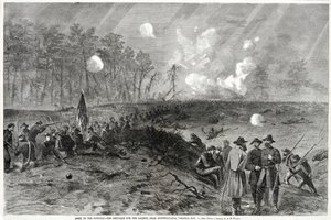 Leger van de Potomac - De strijd om de Salient, nabij Spottsylvania, Virginia. 12 mei 1864, uit Harpers Weekly, uitgegeven 1864