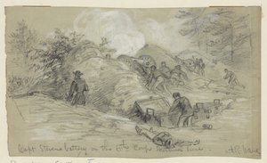 Batterij van Kapitein Stevens op de schermutselingslinie van het 6e Korps door Alfred Rudolph Waud