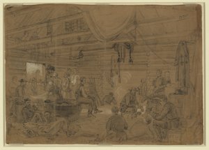 Skedaddlers Hall, Harrisons Landing door Alfred Rudolph Waud