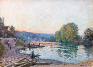 Oevers van de Seine, zonlicht effect bij schemering door Alfred Sisley