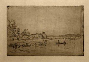 Oevers van de Loing: De zes aangemeerde boten door Alfred Sisley