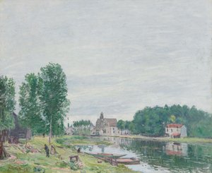 De scheepswerf Matrat, Moret-sur-Loing, regenachtig weer door Alfred Sisley