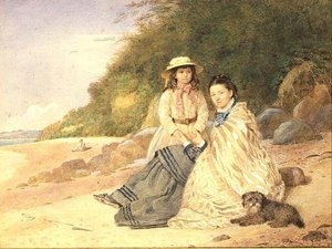 Moeder en dochter met hond door Alfred Tidey