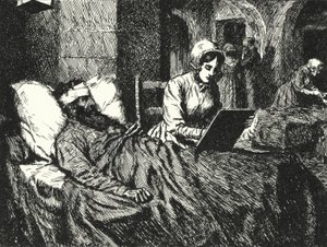 De Engelse verpleegster Florence Nightingale schrijft een brief voor een soldaat die gewond is geraakt in de Krimoorlog in het ziekenhuis van Scutari, 1855 door Alfred Wallis Mills