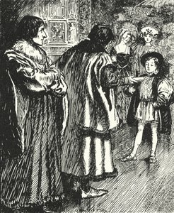 Erasmus kijkt toe hoe Sir Thomas More een gedicht presenteert dat hij heeft geschreven aan de jonge prins Hendrik, de toekomstige koning Hendrik VIII door Alfred Wallis Mills